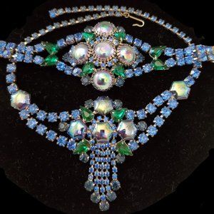 Vintage Blue and Green Rhinestone Necklace and Bracelet